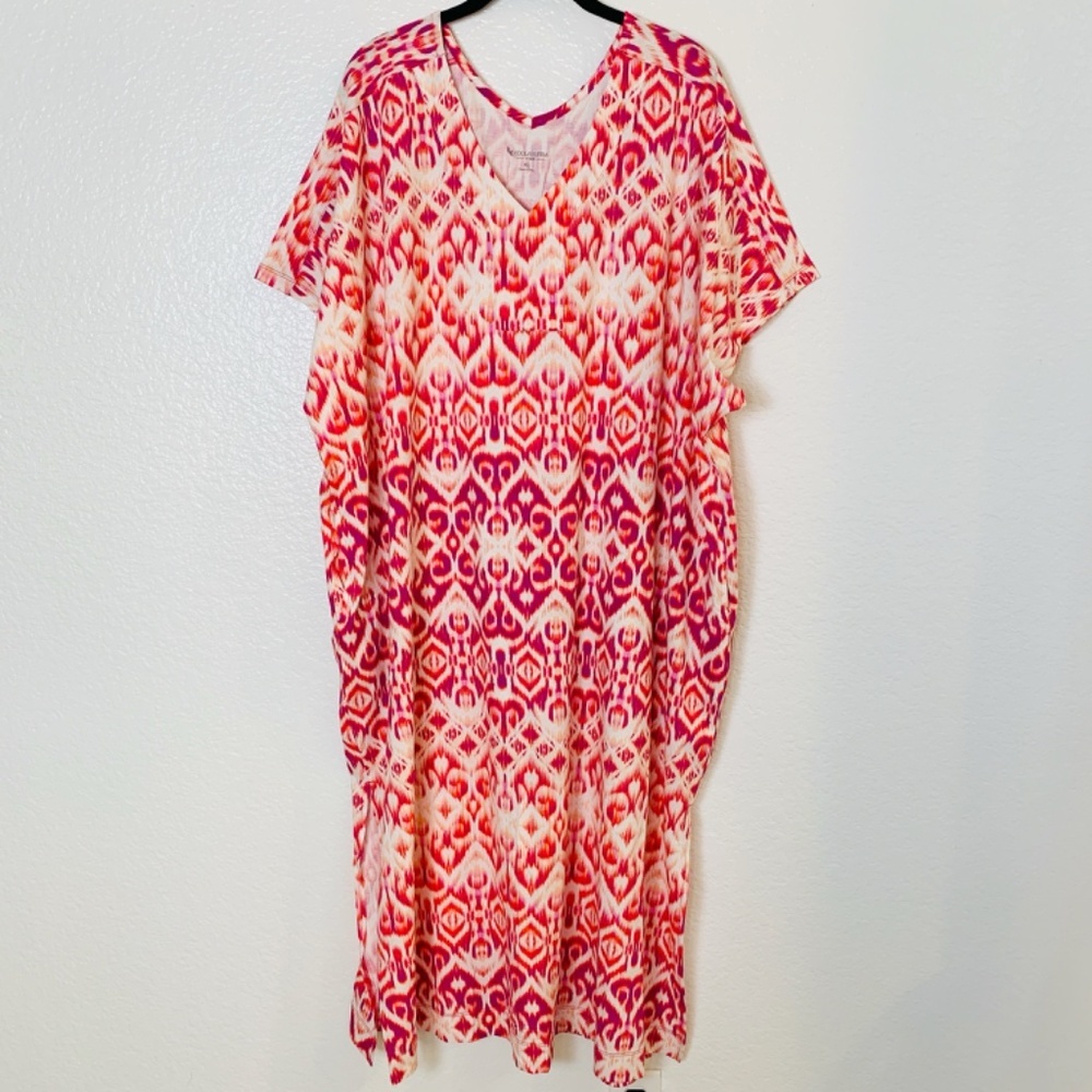 Koolaburra by UGG Caftan Maxi Dress Womens XL Pink Ikat Cotton Rayon V-Neck Boho